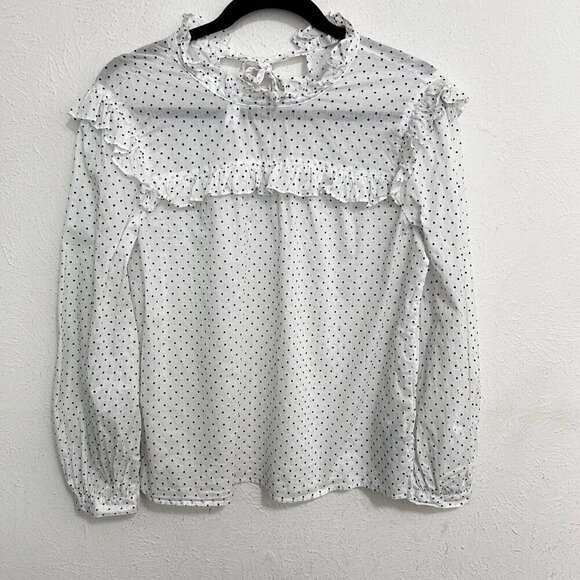 MADEWELL Women’s Mock Neck Ruffle Top in Flocked Dot White Black Polka Dot Sz S - Picture 3 of 11